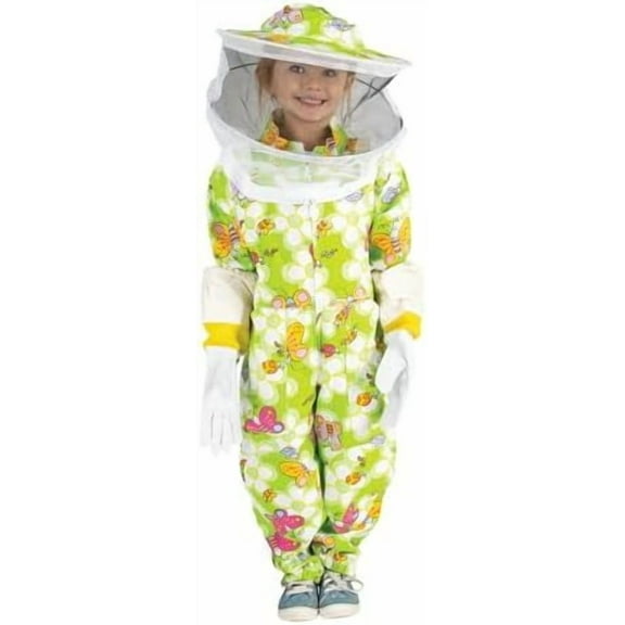 Child Green & Floral Beekeeping Suit with Veil, Protective Beekeeping Gear for Children, Durable Kids Beekeeper Outfit, Full Protection Suit with Design for Young Beekeepers, Size 4-8