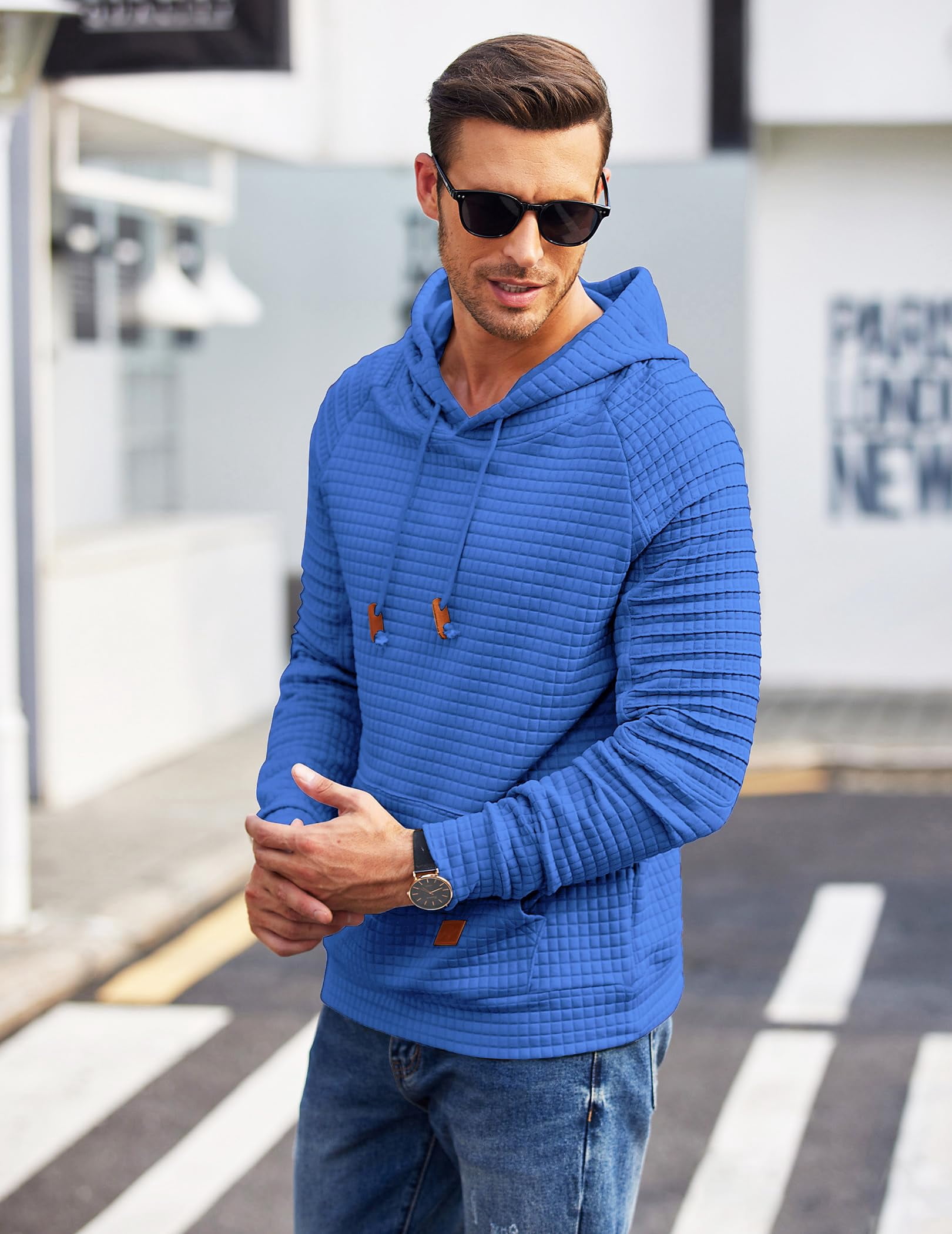 COOFANDY Men's Casaul Sweatshirt Long Sleeve Drawstring Knit Waffle Solid Hoodies for Men Slim Fit