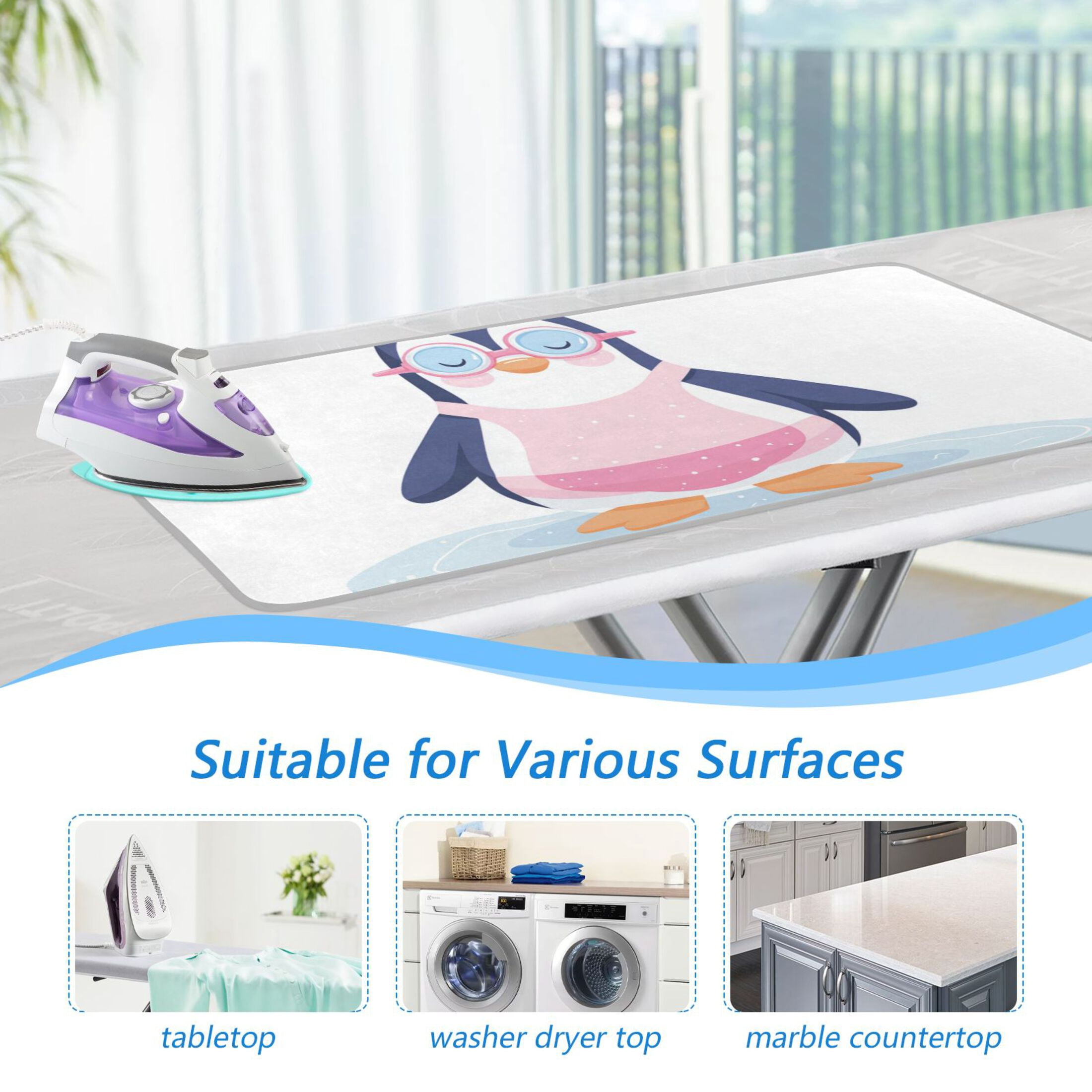 Cartoon Penguins in Swimwear Ironing Mat Blanket Portable Travel Ironing Pad Heat Resistant Pad 47.2" x 27.6”