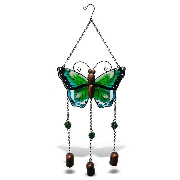 CoTa Global Green Butterfly Wind Chime - Handmade Glass & Metal Chime - Wild Life Hanging Decor - Colorful Home Decor Gift, Indoor & Outdoor Hanging Decoration For Porch, Patio & Garden - 25.4 Inches