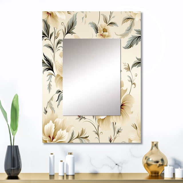Designart "Simplistic Victorian Elegance III" Floral Wall Mirror, Printed White Wall Mirror, Traditional Bathroom Wall Mirror, Decorative Floral Mirror - 24x32 Inch