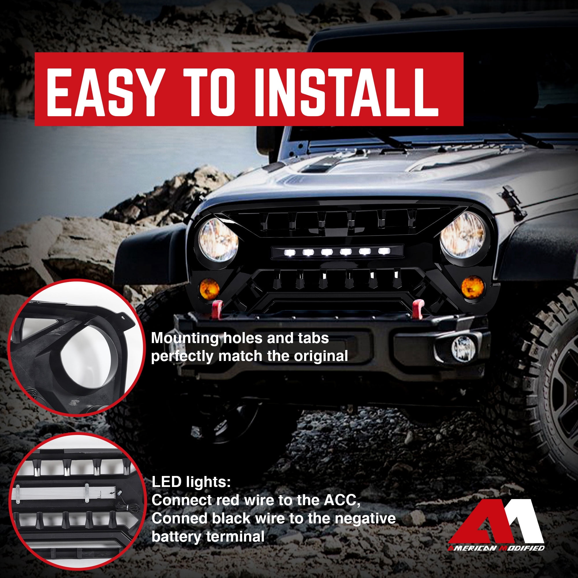 AMERICAN MODIFIED Armor Grille w/Off-Road Lights, 07-18 Jeep Wrangler JK