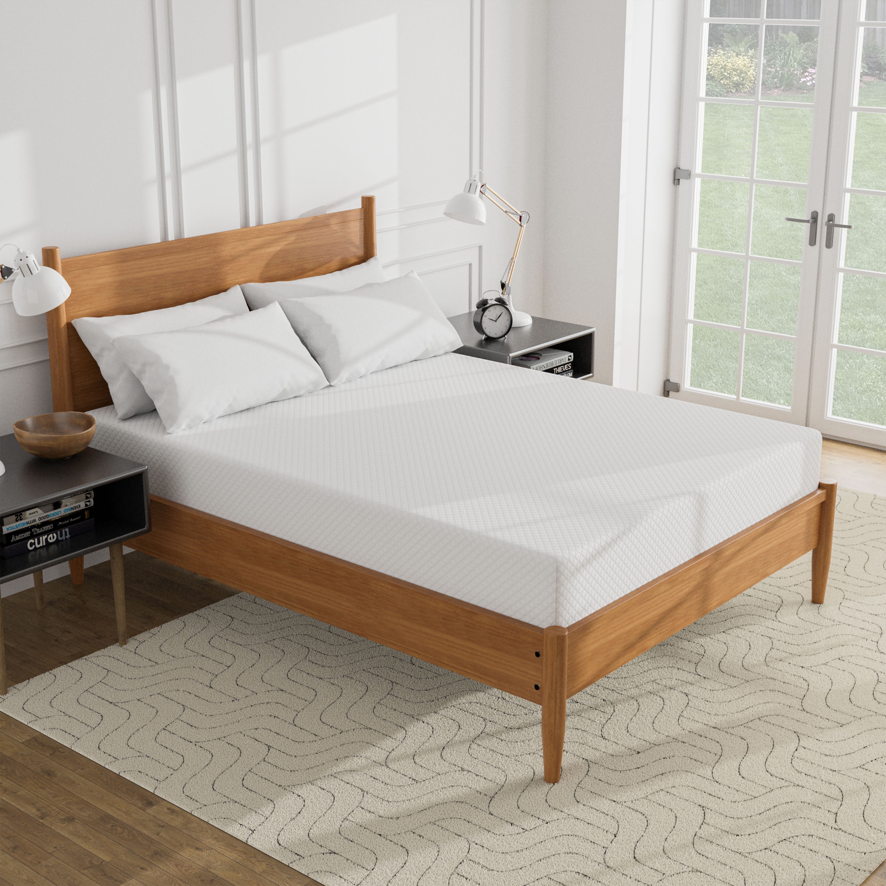 Furniture of America Solid Wood Queen Platform Bed with 10-Inch Memory Foam Mattress, Oak