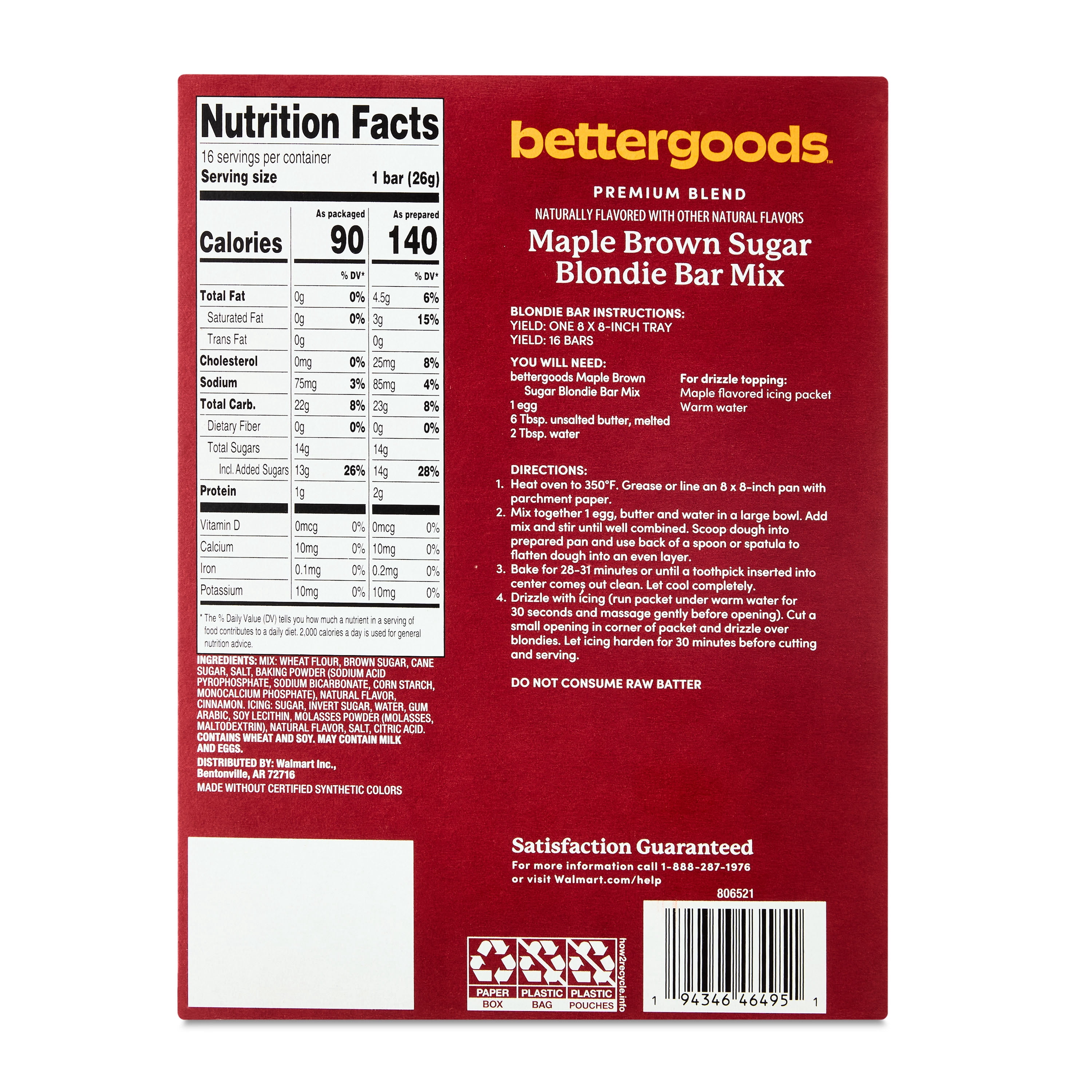 bettergoods Maple Brown Sugar Blondie Bar Mix with Glaze Inclusion, 14.8 oz
