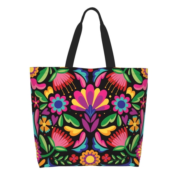 Balery Colorful Floral Embroidery Mexican Bolsa Tote Estilo Estético con Cremalleras, Bolsa de Hombro, Bolsa de Compras Grande y Plegable