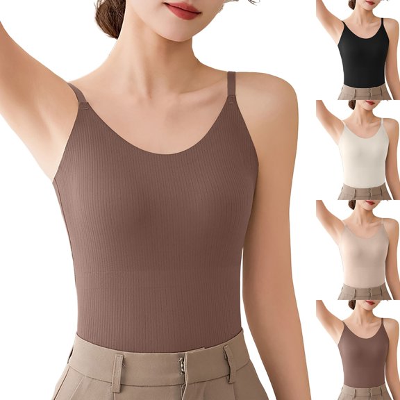 SROBPTY Womens Tank Tops Solid Cami V Neck Padded Adjustable Strap Shirts for Everyday Wear