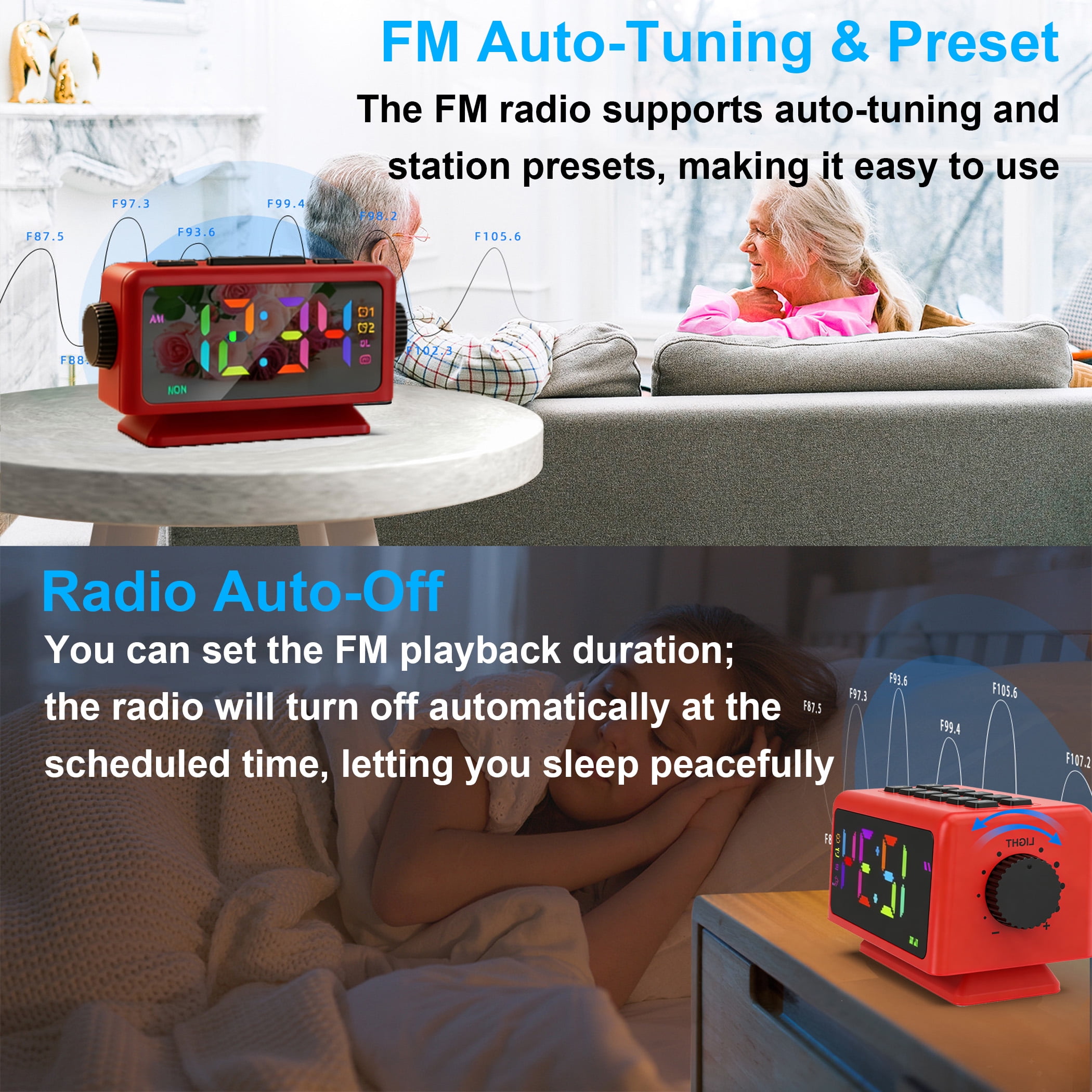 GJX Digital Desk Clock,Large Screen Display Bedside Clock,Multifunctional Alarm Clocks for Bedrooms,Calendar Radio,RGB Colorful Mirror,Dual Alarms,Snooze Function 5-60 min,12 Level Volume,12/24H