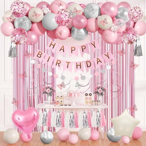 Pink Birthday Party Decorations for Women Girls,Happy Birthday Banner,Fringe Curtains, Butterfly Decorations,Hanging Swirls,Circle Dots,Tassels Pompoms,Pink Balloons Foil Silver Balloons