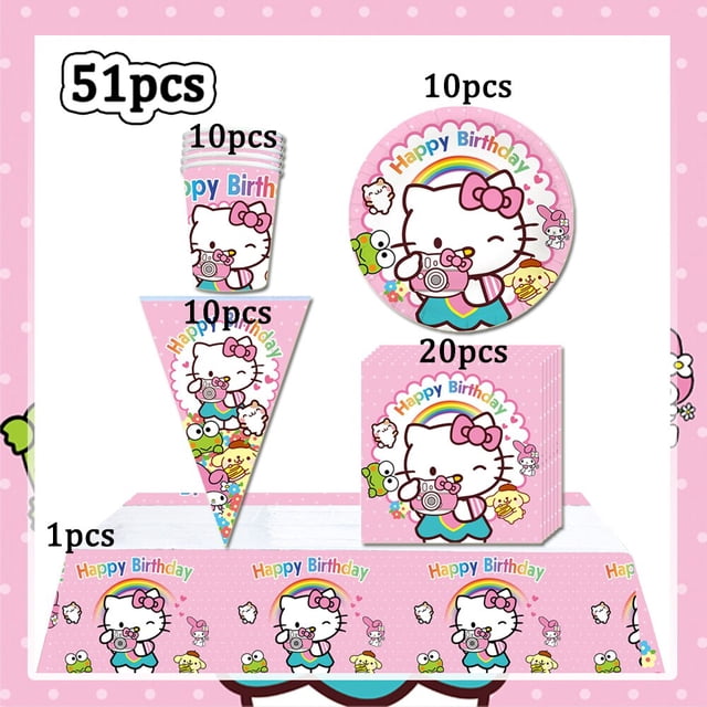 Hello Kitty-vajilla desechable de dibujos animados para niños, vasos, platos, servilletas, globos para fiesta de cumpleaños, Baby Shower, suministros de regalo