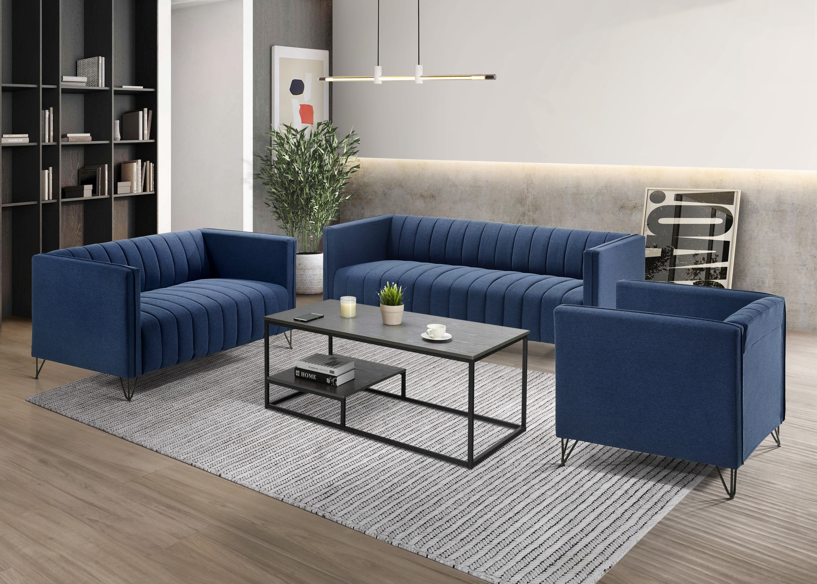 Home Design Kurtis Square Arm Sofa with Tufted Velvet Upholstery and Gold Metal Legs, Flared Arms, Modern Living Room Seating, Blue