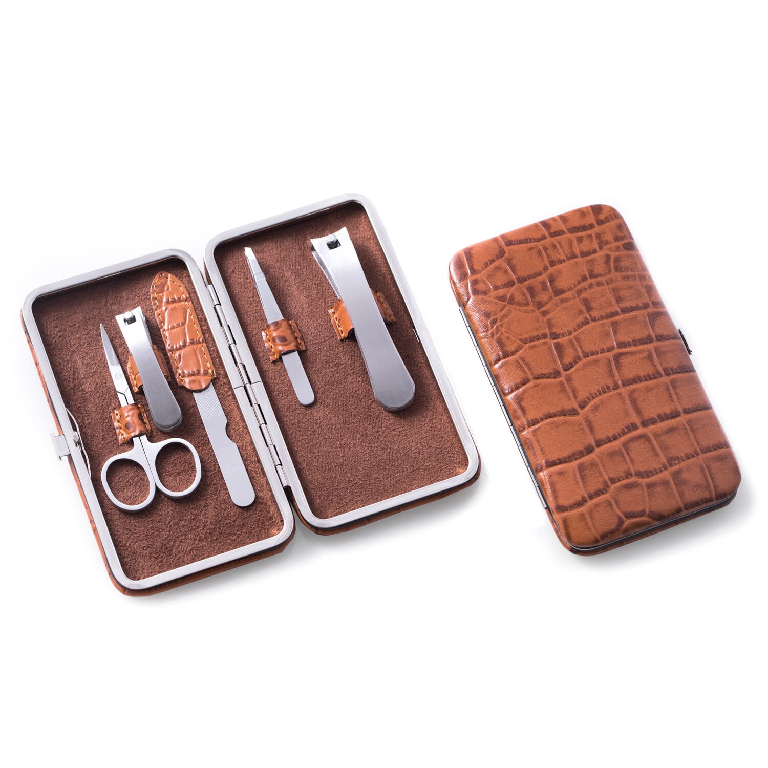 Bey-Berk International BB200 Croco Pattern Leather Manicure Set, Brown - 5 Piece