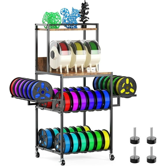3D Printer Table with Filament Storage, Rolling Printer Stand with Wheels for Desk, Sturdy Metal & Wood Filament Shelf Rack Spool Holder Cart for Workshop Studio Office (3 Tier)