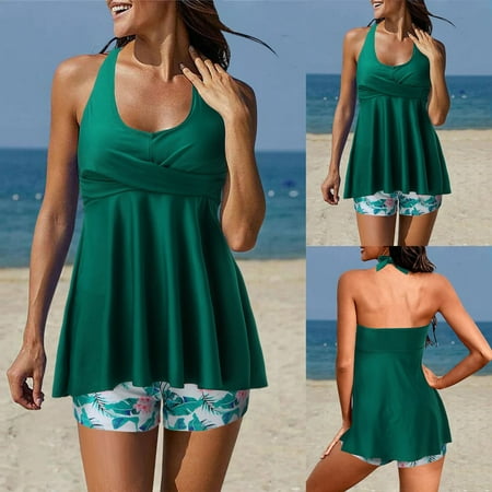 MSJUHEG Swimsuit Sets Green Bikini Sets for Women Floral Bikini Tankini Swimsuits Shorts Halter Bathing Suits Twist Front Swimwear Bikini Sets for Women Bathing Suit for Women Bikini Green S