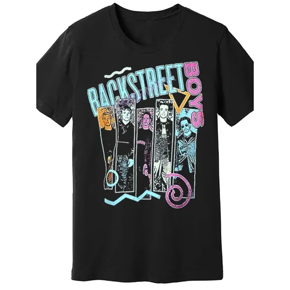 100% cotton tshirts men tee Allseason Clothing Men's Vintage Backstreet Boys Graphic T-Shirt - Black Cotton Short Sleeve Tee with Retro BSB Band Member Portraits & Neon Accents