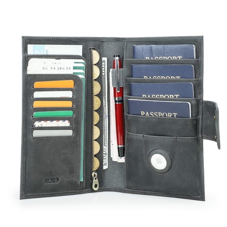Contact's Leather Family 4 Passport Holder With Airtag,Travel Passport Wallet RFID Blocking (Gray)
