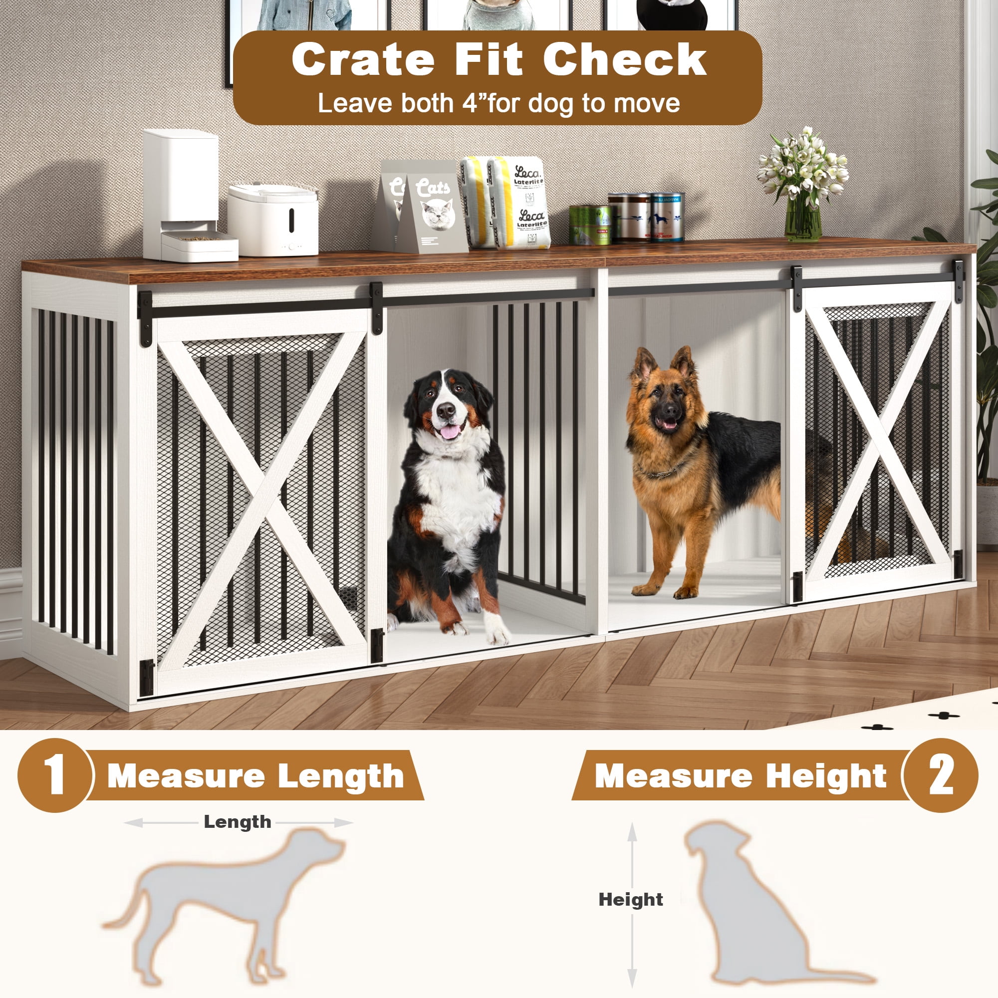 94.5" XXXL Dog Crate Furniture for 2 Large Dogs, Farmhouse Dog Kennel TV Stand with Sliding Door and Removable Divider, White