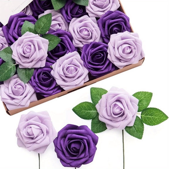 25Pcs Real Touch Lilac Purple Roses - Artificial Flowers w/Stems, 8cm DIY Foam Floral Rose for Wedding Bouquet/Centerpieces, Outdoors Party Backdrop, Room/Table, and Garden Pot Decor