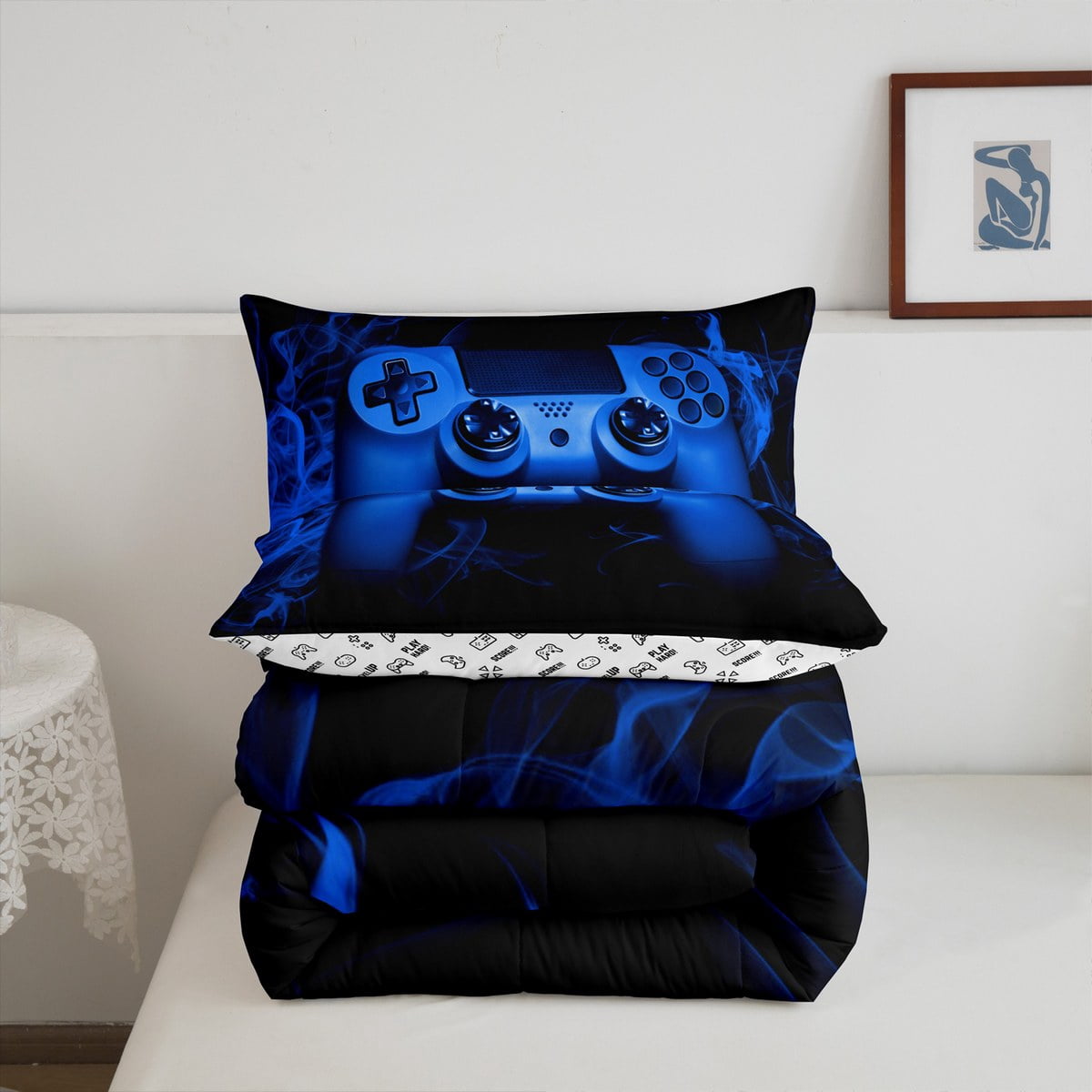 Erosebridal Blue Gaming Comforter Set Queen Size Gamer Comforter Teens Video Game Decor Bedding Set 3 Piece Console Game Controller Quilted Duvet Set Soft Black