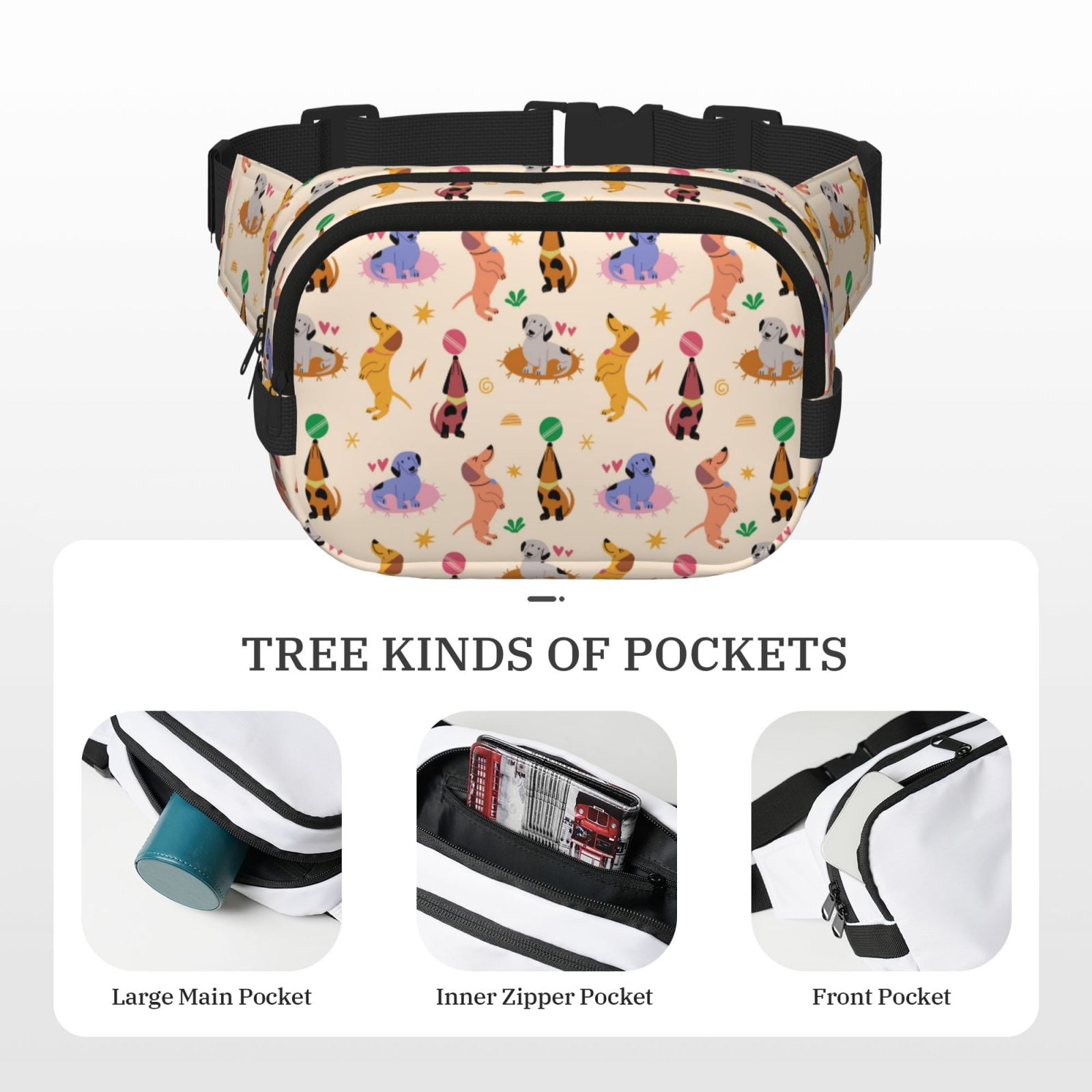 Picia Dogs In Different Poses Print Square Double-Layer Waist Bag Mini Adjustable Waist Belt Bag Exercise Running Travel Hiking