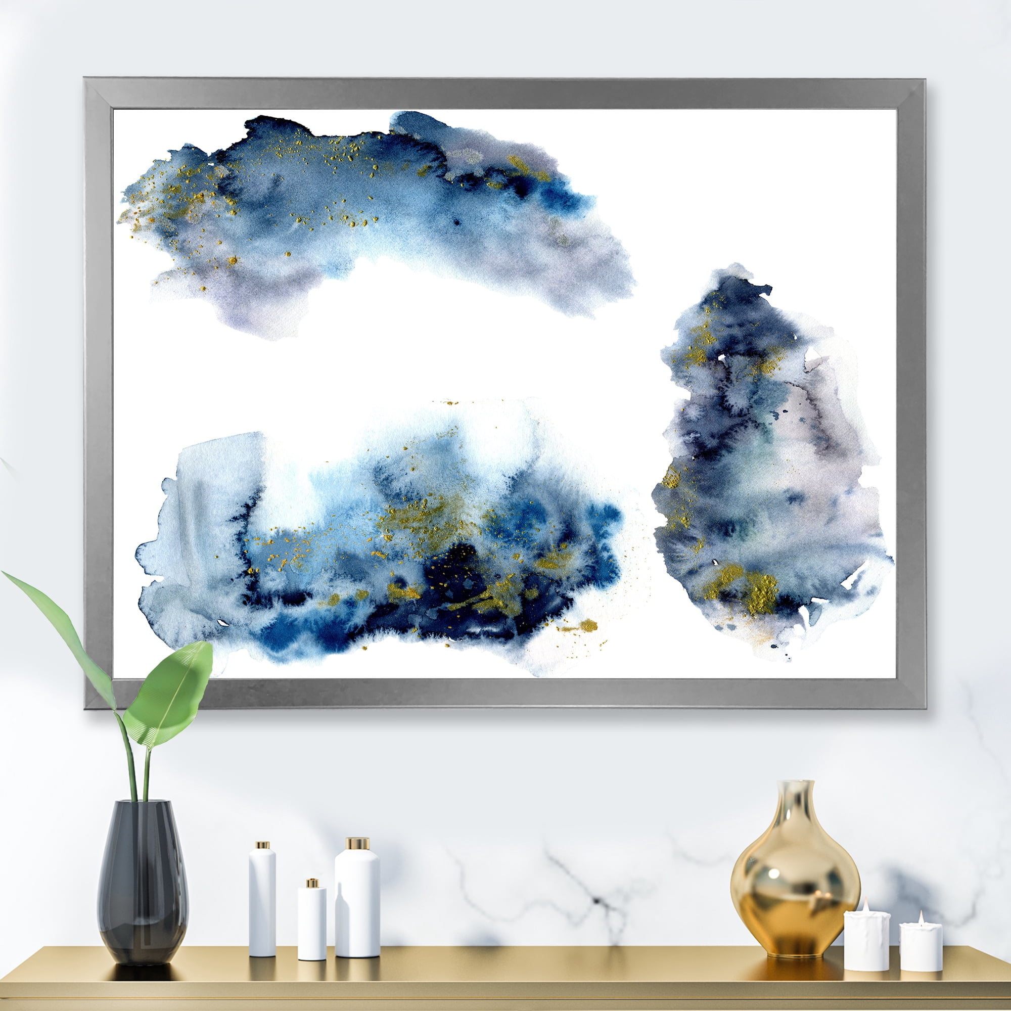 Designart 'Gray and Blue Clouds With Golden Glitter' Modern Framed Art Print