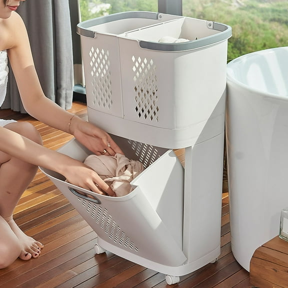 2-Tier Plastic Laundry Basket Movable Household Bathroom Clothes Storage Basket Cart with Handle & Wheels Floor-Standing Hand-Held Laundry Basket Ultra 17.3"L×12.2"W×29.3"H