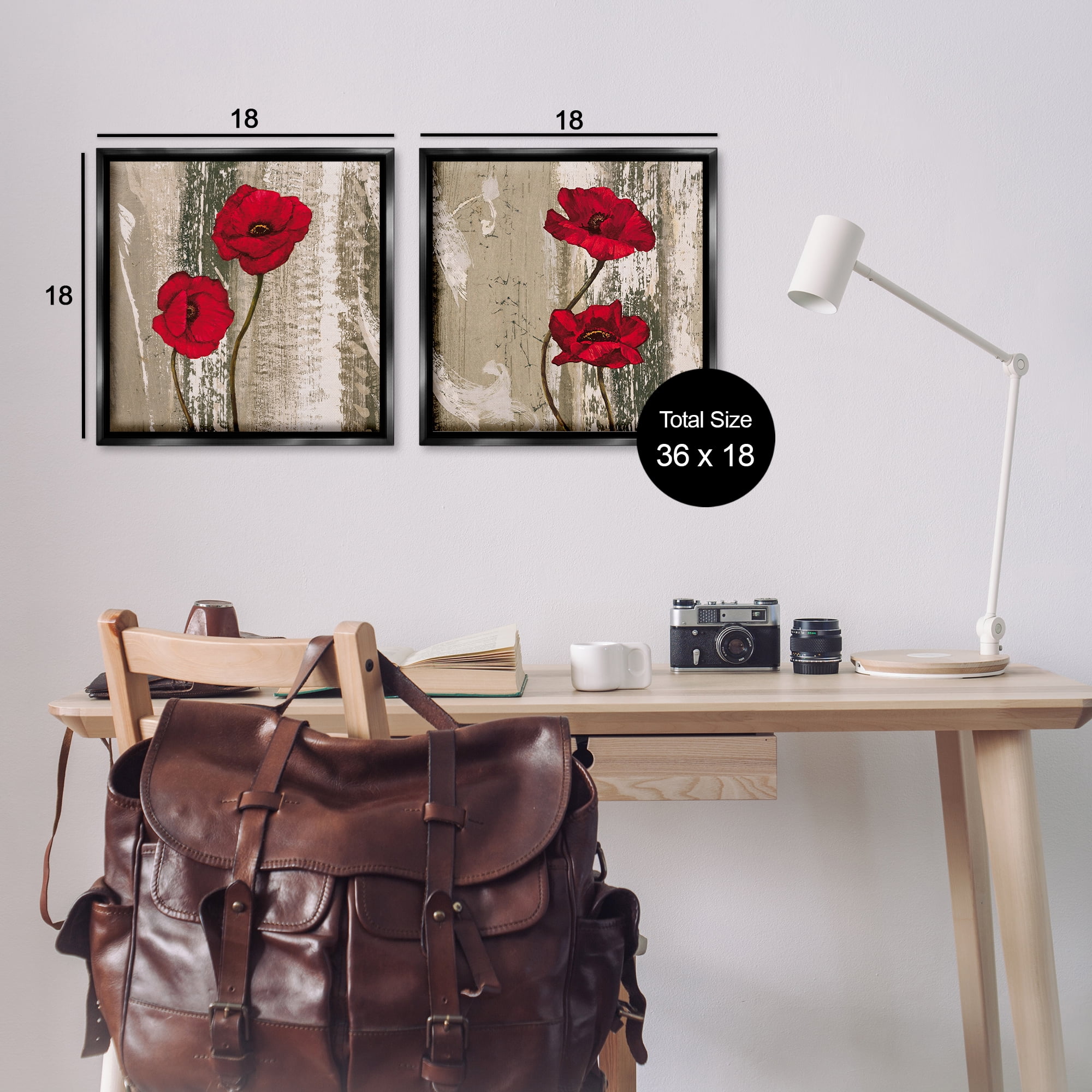 Stupell Industries Bright Red Blooms on Rustic Landscape & Nature Painting Black Floater Framed Canvas Art Print Wall Art, 18 x 18, Set of 2