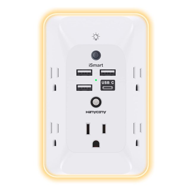Extensor de enchufe HANYCONY con luz nocturna y 4 puertos de carga USB