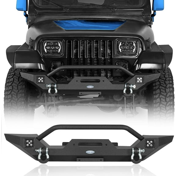 Hooke Road Offroad Mid Width Front Bumper w/Winch Plate for Jeep Wrangler YJ TJ 1987-2006, Rock Crawler Offroad Bumper w/LED Lights & D Rings