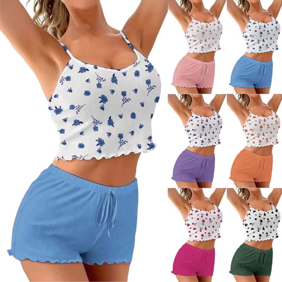 Xaqiouau Women Floral Cami Pajama Set Ribbed Tank Top and Shorts 2 Piece Lounge Sleepwear Casual Summer Outfit