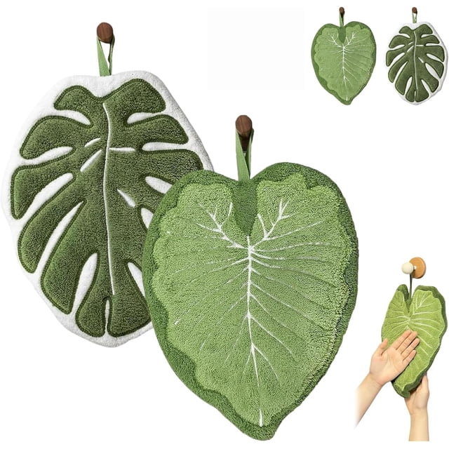 Toallas de mano colgantes, pack de 2 Monstera en forma de hoja de Monstera, Absorvente de pelusa y lazo, con lazo para cocina, baño y viajes