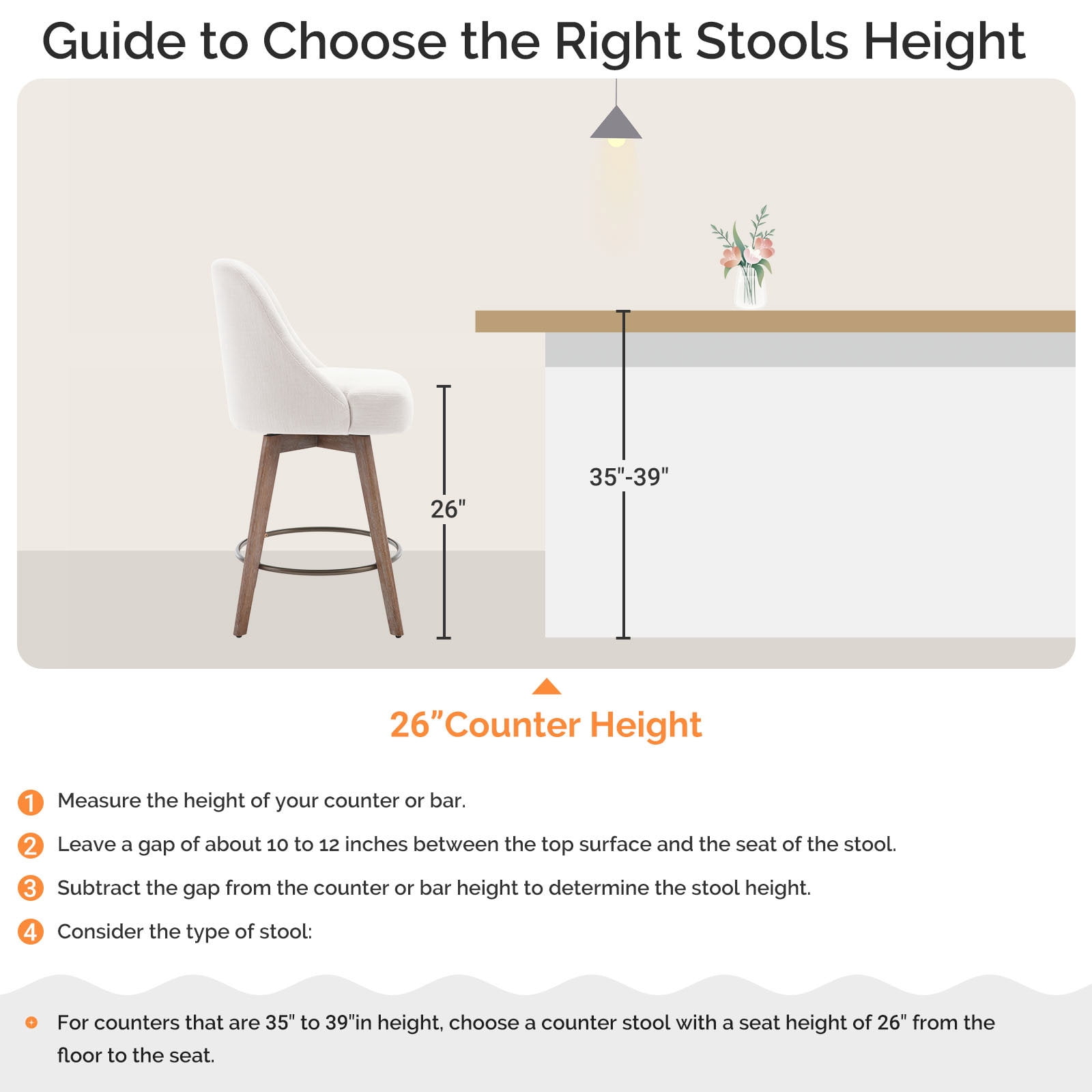 ANMINY Counter Height Bar Stools Upholstered Linen Fabric Swivel Barstools, Set of 4, 26" Seat Height with Back Mid-Century Chairs Island Stools for Home Bar Kitchen Pub