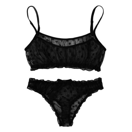 

Qcmgmg Sexy Lingerie Set for Women Polka Dot Polka Dot Mesh Babydoll See Through Bra and Panty Set Black M