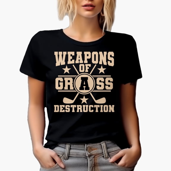Weapons of Grass Destruction Pun Quote with Clubs, Golf Player, Golfing or Golfer Themed Merch Gift, Black T-Shirt, Small