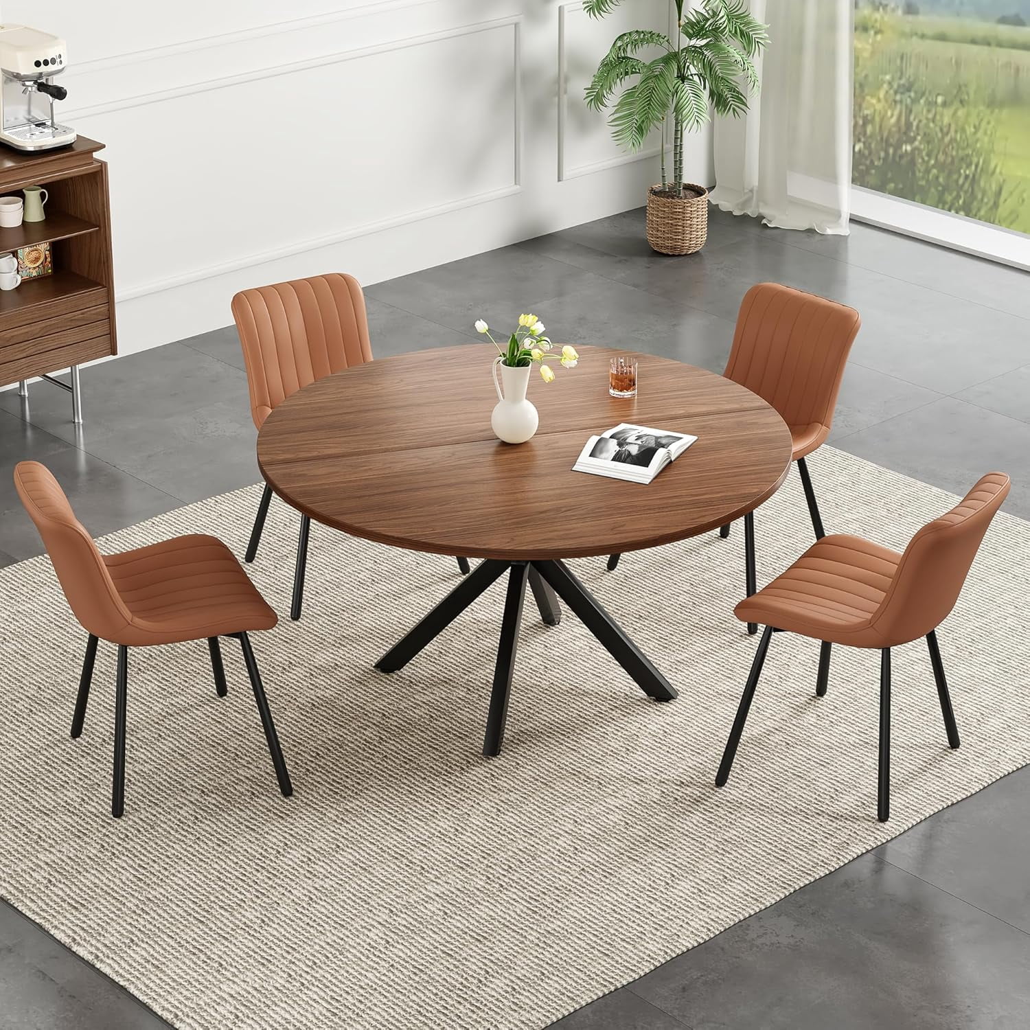 Farini 47" Round Dining Table, Mid-Century Modern Wood Table with Metal Base, Seats 4-6, for Kitchen or Dining Room, Walnut
