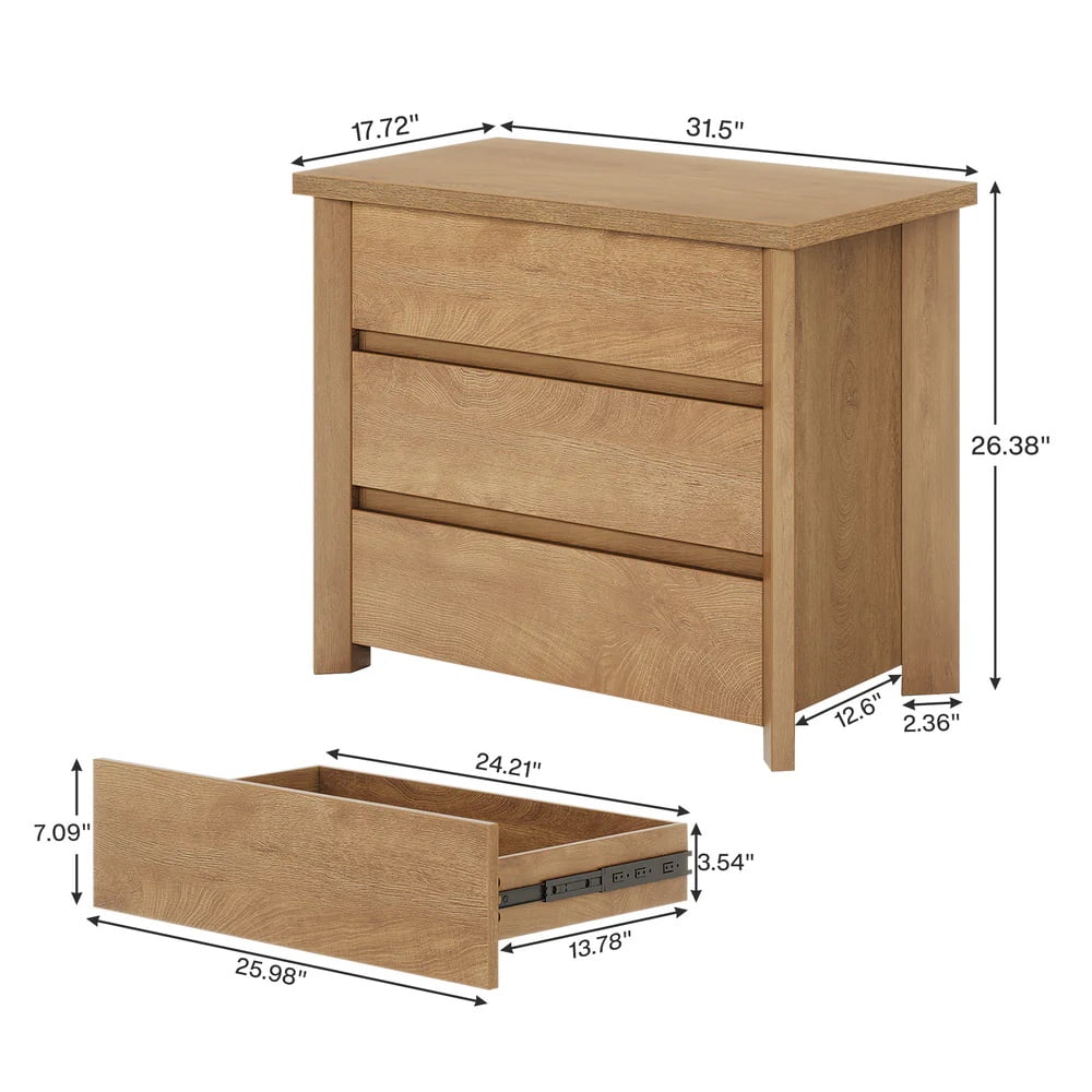 Bedside Table with 3 Drawers, Rustic Brown Nightstand, 35.04 in x 26.57 in x 6.30 in