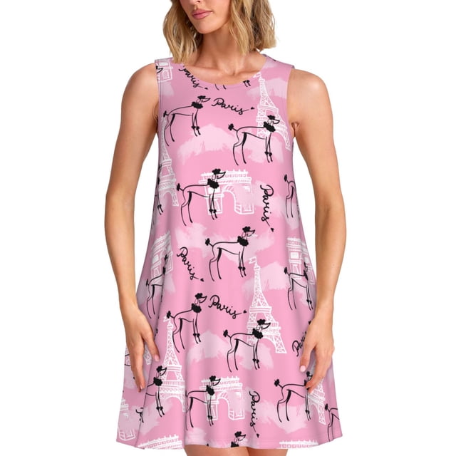 Xecao Chien Caniche Dessin Animé pour Robes d'Été pour Femmes Robes Décontractées de Plage Robes Sans Manches T-Shirt Robe Évasée avec Poches