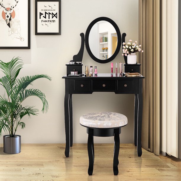 Gymax Black Makeup Table Vanity Table Set Cushioned Stool Mirror 5 Drawers Walmart Com Walmart Com