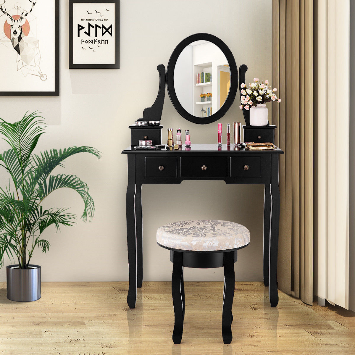 Gymax Black Makeup Table Vanity Table Set Cushioned Stool Mirror 5 