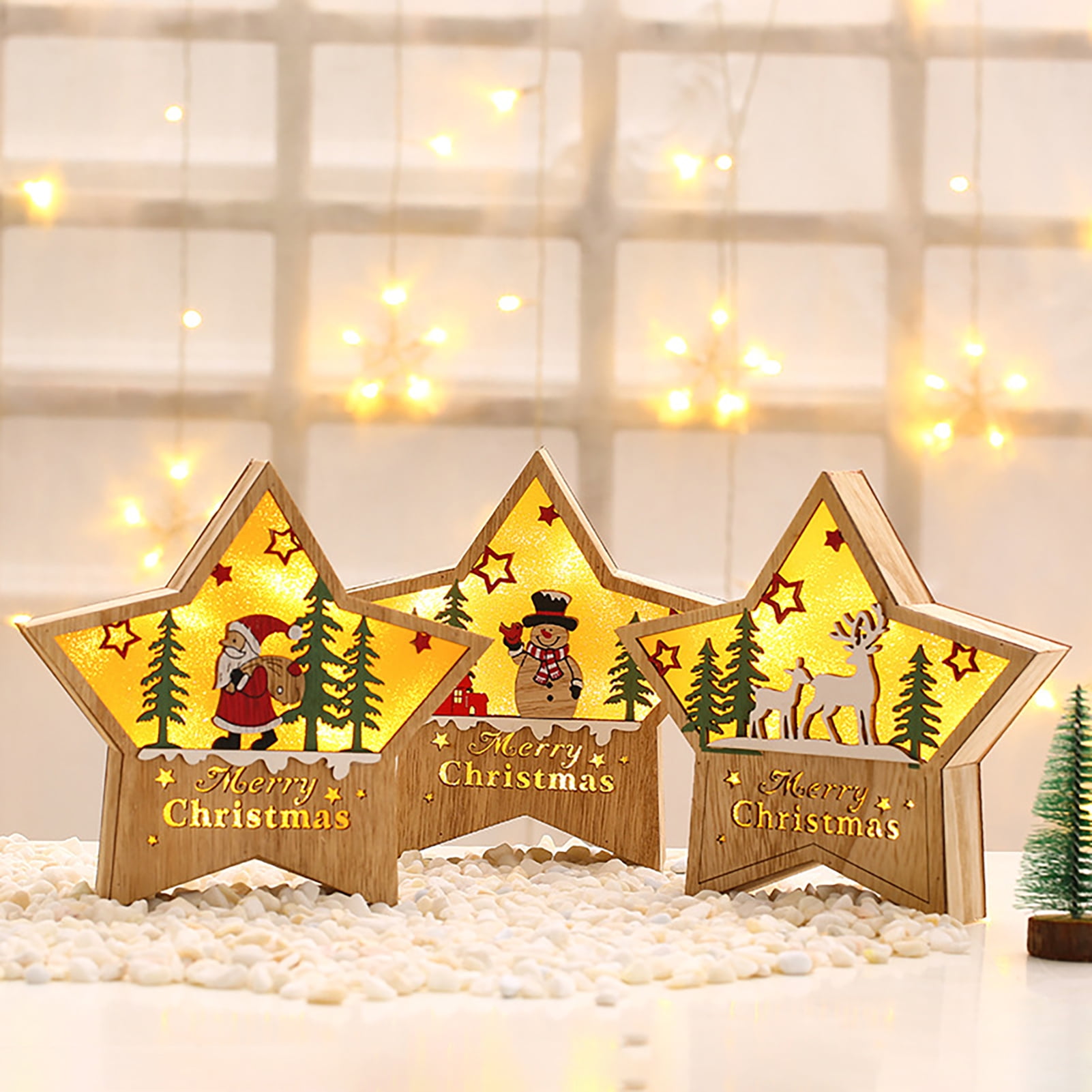 Light Up Christmas Wooden Frame Plaque Star LED Xmas Table Desktop Decorations 