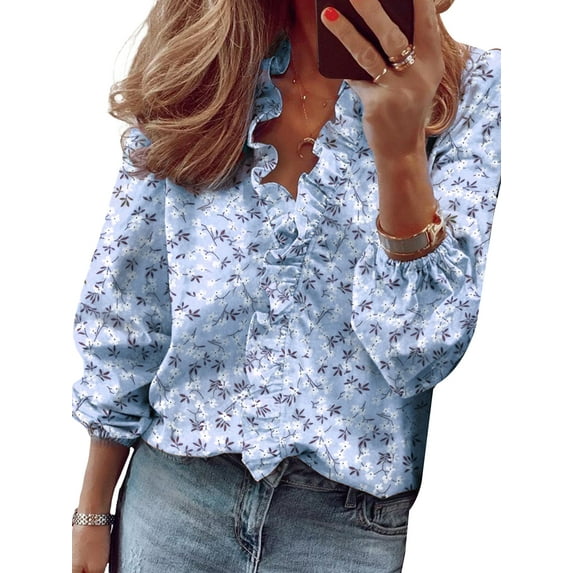 WISEFIN Women's Workwear Floral Stand-Up Collar Long Sleeve Ruffled Elegant Blouse Tops Plus Size S-5XL