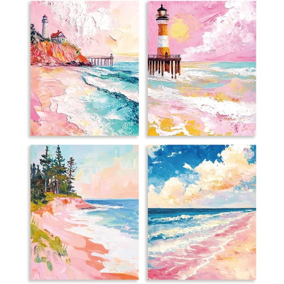4 Pack Unframed Waterproof Pink Beach Oil Painting Canvas Wall Art Prints 8" x 10" Preppy Coastal Wall Decor Art Lighthouse Canvas Artwork Posters for Home Living Room Office Decor Gift