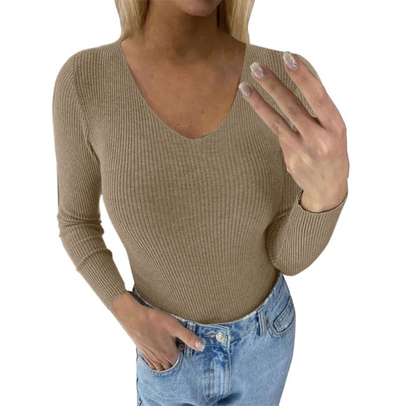 Alitao Crop Tops Going Out Tops Autumn And Winter Solid Color V Neck Long Sleeve Knitted Pullover Sweater Top Long Sleeve Shirts Tshirts Shirts Khaki XL