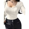 thumbnail image 3 of Women'S Long Sleeve Tops, Scoop Neck Ribbed Knit Shirt Slim Fit Pullover Sweater Basic Thermal Shirt White M, 3 of 9