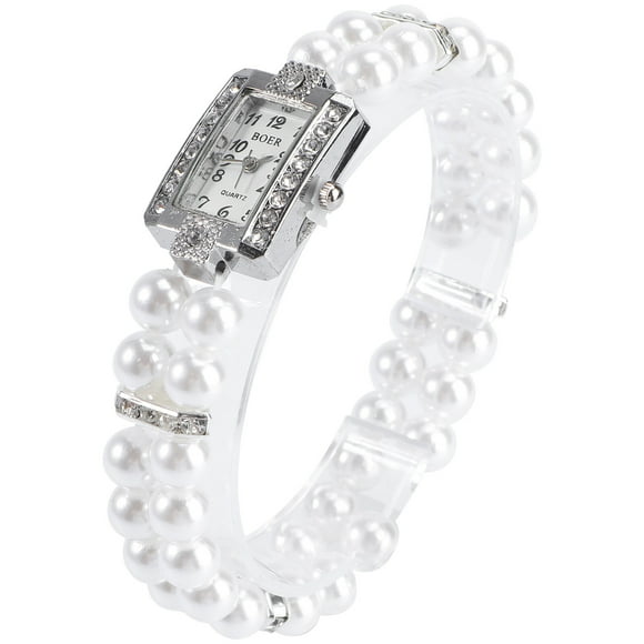 EeaseMX Reloj de pulsera para mujer con dos hileras de perlas y diamantes de imitación (blanco)