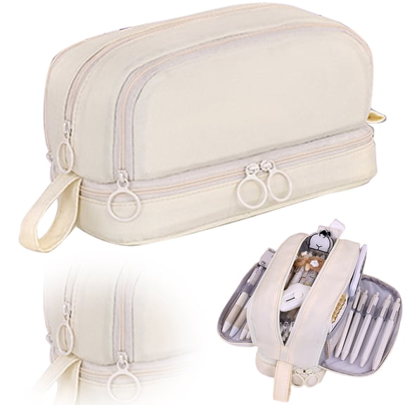 Large Capacity Pencil Case 4 Compartments, Pencil Pouch Bag with Double Zipper Portable Handle, Pen Case Bag Stationery Organizer for Office College Adults Men Women, Beige
