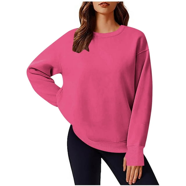 GreatBaby Chandail en Molleton à la Mode pour Femmes Décontracté Couleur Unie Manches Longues Col Rond Blouses Automne Hiver Intérieur Quotidien Bureau (Rose Vif, TG)