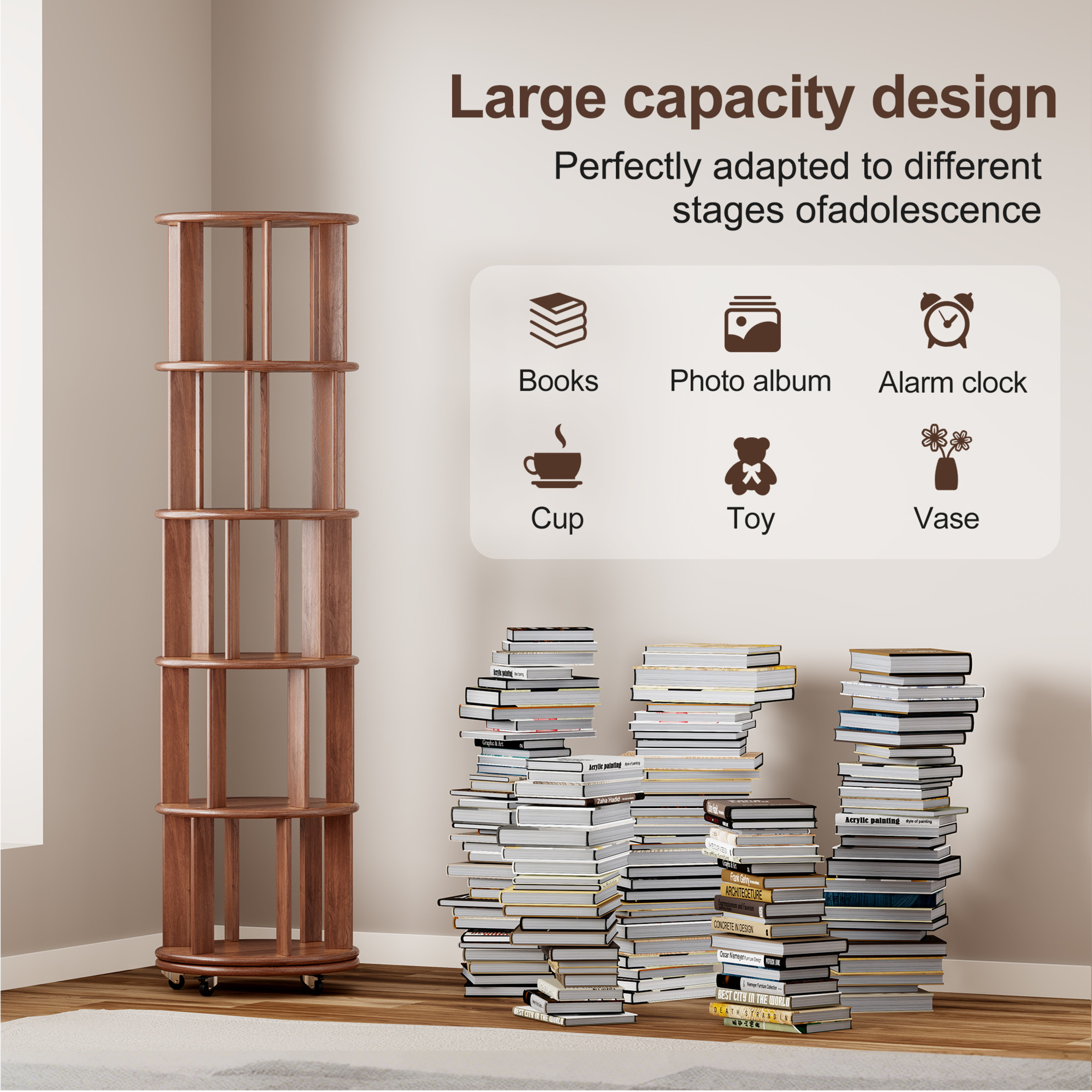 Noble House Saxon 66" 5-Tier Rotating Bookshelf Tower, Solid Rubberwood, 360° Bookcase on Locking Wheels, Walnut