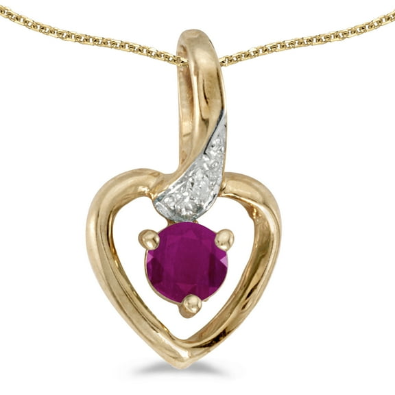 14k Yellow Gold Round Ruby And Diamond Heart Pendant with 18" Chain