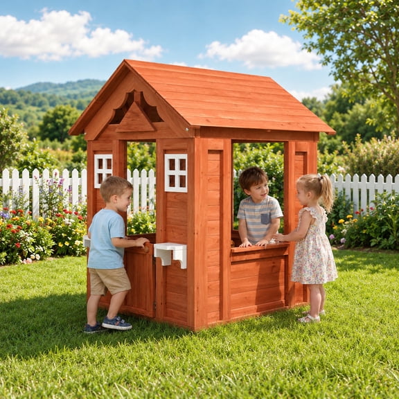 Outdoor Playhouse, Kids Playhouse with Door, SHINPT Kids Wooden Playhouse with Flowerpot Holders, Toddler Playhouse with Windows for Kids Outdoor, Play House for Kids Ages 3