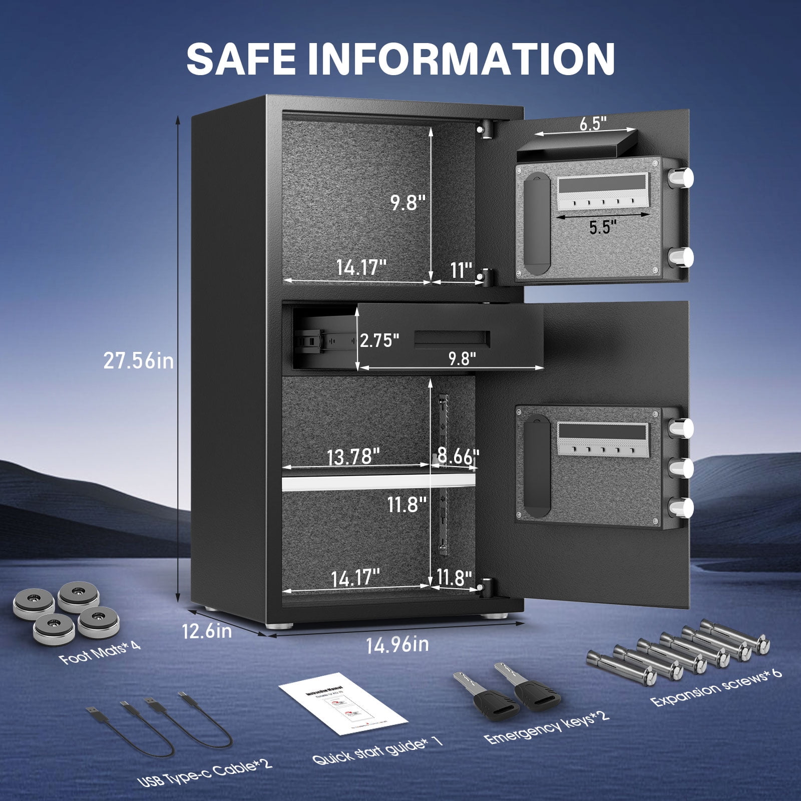 6.3 Cu ft Security Home Safes Box with Drawer, Digital Large Safe with Dual Alarm & Mute Function, Adjustable Shelves for Office, Business Documents Valuables